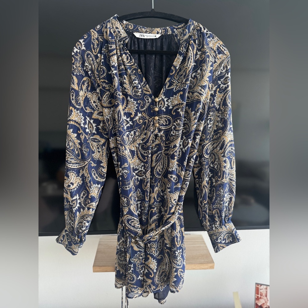 Zara Navy and Gold Paisley Dress